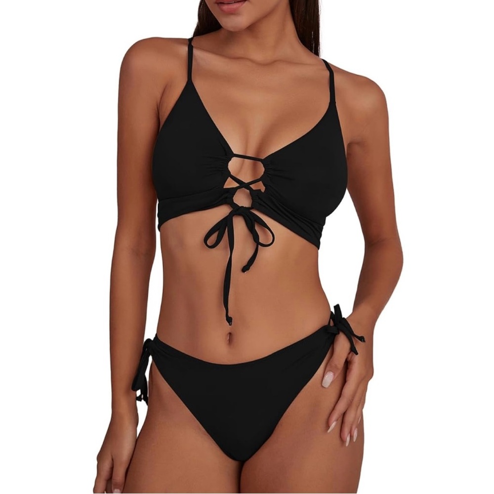 SOLD CHYRII NWT Black Sexy Cutout Lace Up High Cut Bikini Set